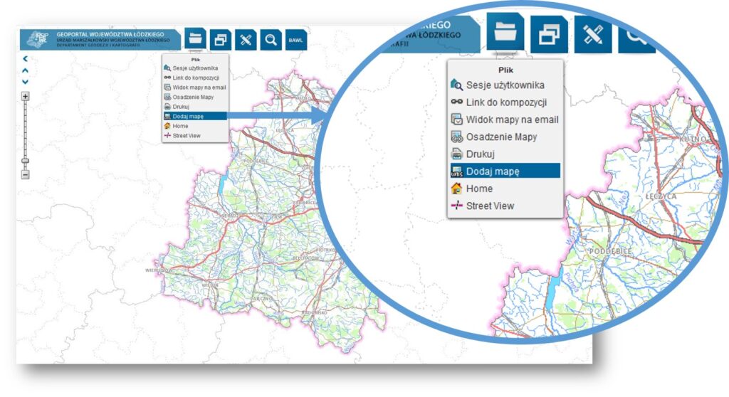 grafika przedstawia geoportal województwa łódzkiego z rozwiniętym menu Plik i wskazanym narzędziem Dodaj mapę