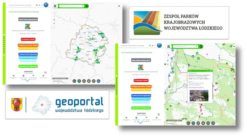 grafika przedstawia loga geoportalu wł i zespołu parków krajobrazowych oraz stronę startową aplikacji i jednej z map parków