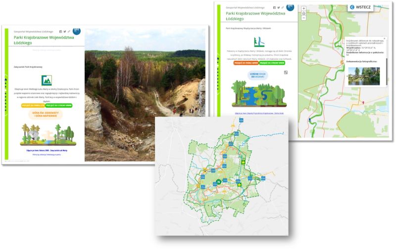 grafika przedstawia fragmenty opisów, zdjęcia i mapę Załęczańskiego Parku Krajobrazowego