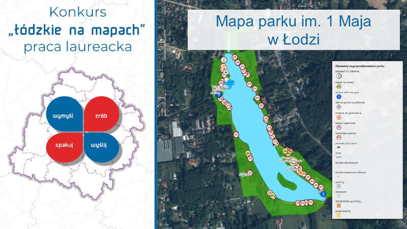 grafika przedstawia plakat konkursu Łódzkie na mapach oraz mapę parku na tle ortofotomapy
