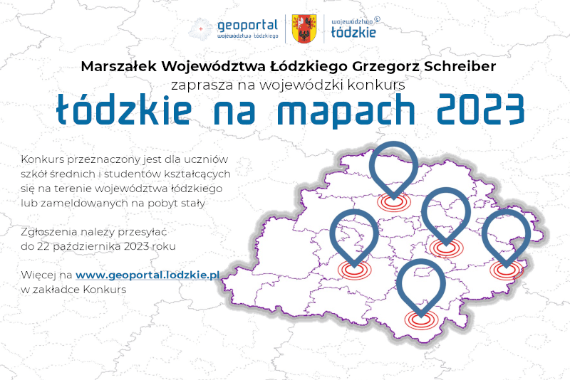 grafika zachęca uczniów do udziału w konkursie Łódzkie na mapach 2023. Zawiera granice województwa łódzkiego i naniesione w ich wnętrzu punkty