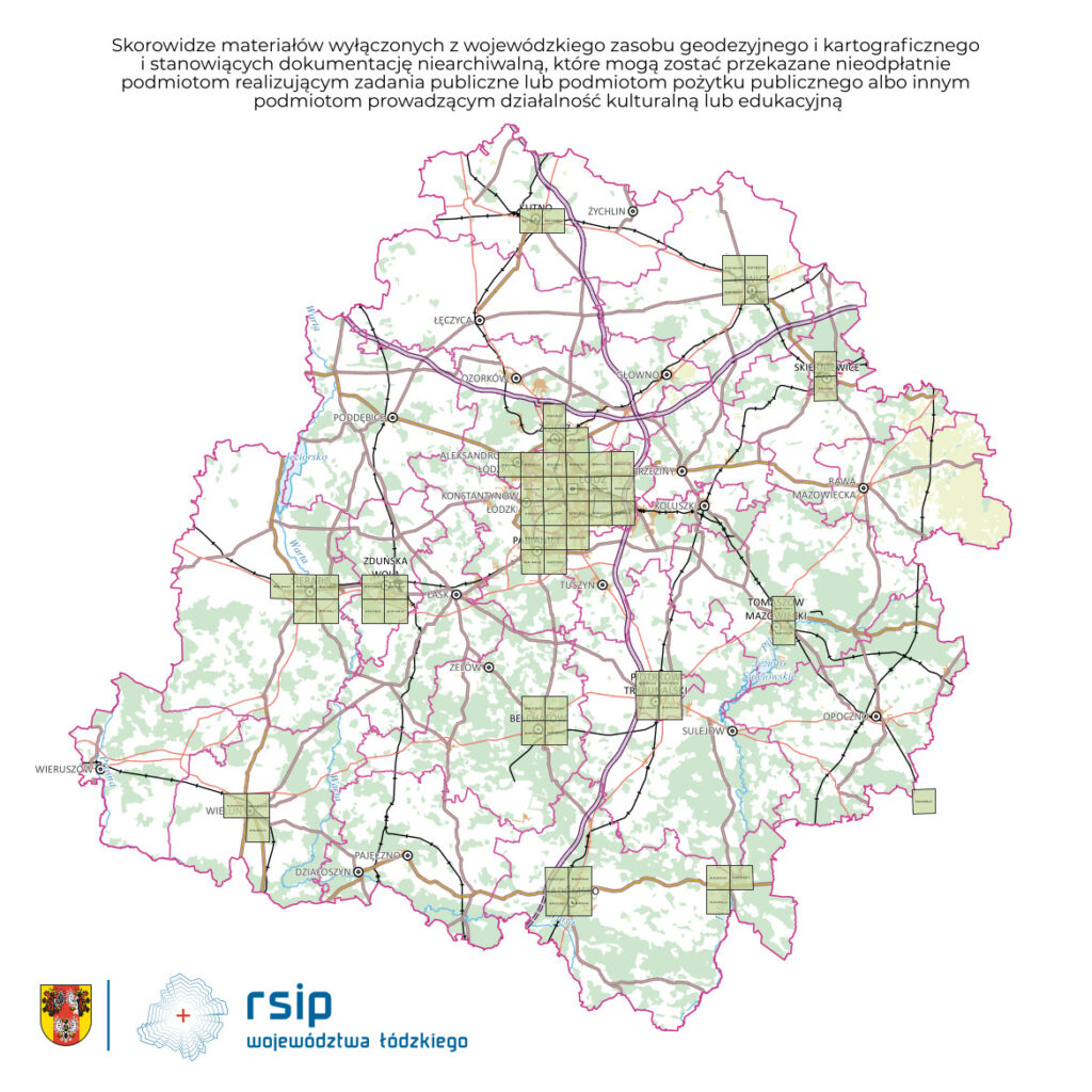 mapa województwa łódzkiego z zaznaczonymi powierzchniami arkuszy map topograficznych z lat 1993-1994 do pozyskania