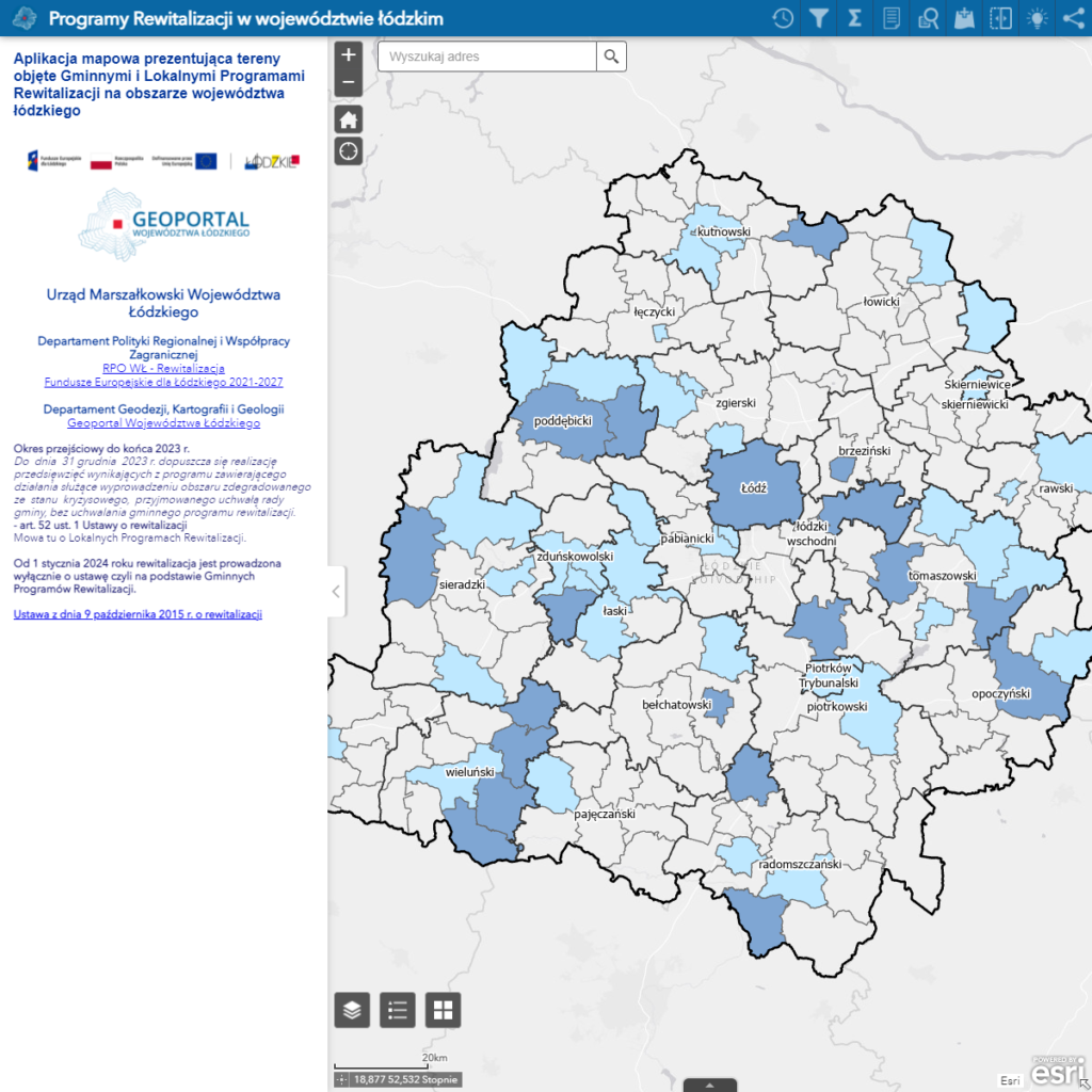 zrzut ekranu aplikacji rewitalizacja-w tle obszar województwa z obszarami rewitalizacji