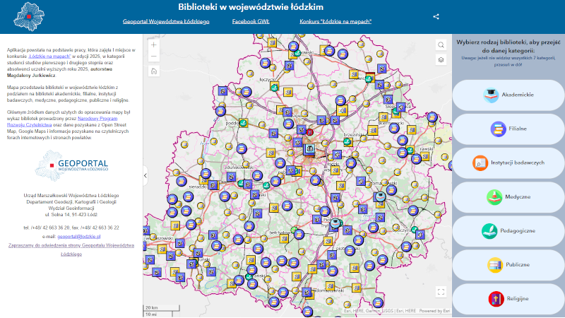 Zrzut ekranowy z aplikacji "Biblioteki w województwie łódzkim". Na obszarze województwa symbole bibliotek