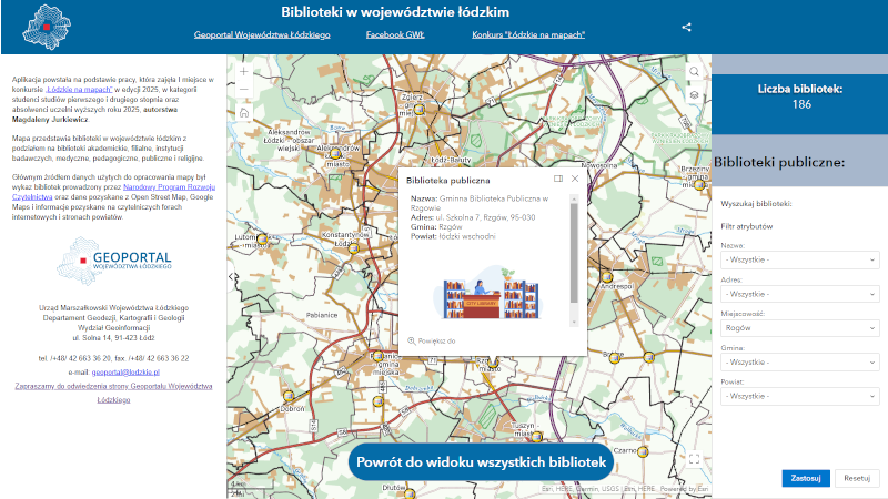 Zrzut ekranowy z aplikacji "Biblioteki w województwie łódzkim". W tle mapa, na pierwszym planie okno z informacjami opisowymi.